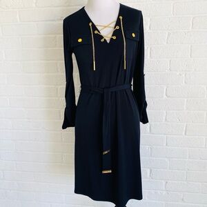 Michael Kors Dress Lace-Up Chain Shirtdress Navy Blue Modern Professional XS